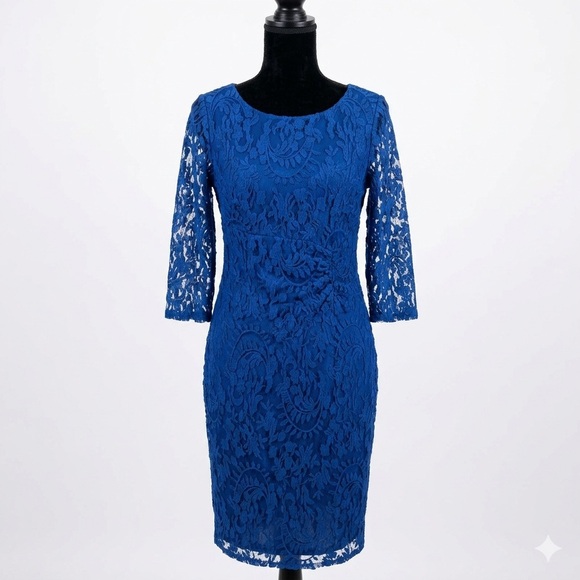 Adrianna Papell Dresses & Skirts - Adrianna Papell Blue Lace Sheer Sleeve Midi Dress Women’s 6